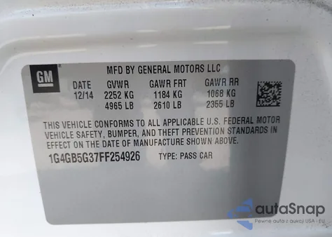 2015 Buick Lacrosse Leather z USA, uszkodzony, nr VIN 1G4GB5G37FF254926